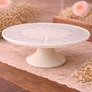Anchor Hocking Milk Glass Pedestal Cake Dessert Stand Gold Foil Fleur-De-Lis‎